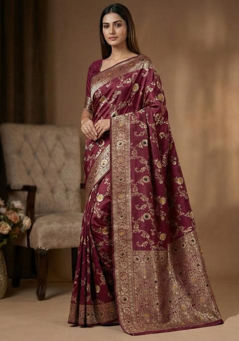 Burgundy Weaving Work Silk Saree Set