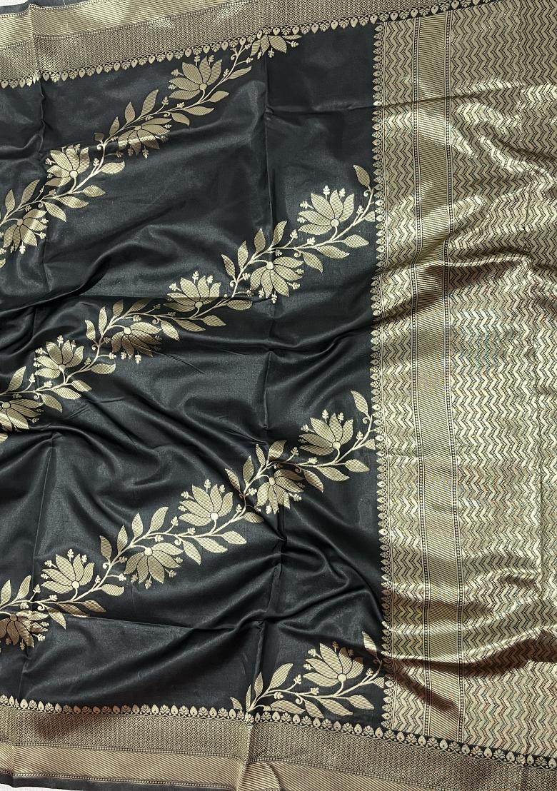 Black Weaving Work Silk Saree Set - Indya