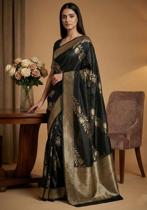 Black Weaving Work Silk Saree Set