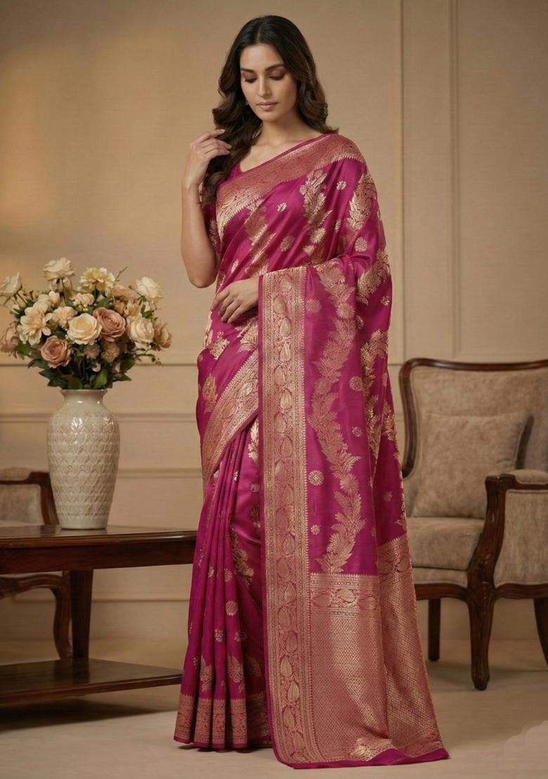 Rani Pink Weaving Work Silk Saree Set - Indya