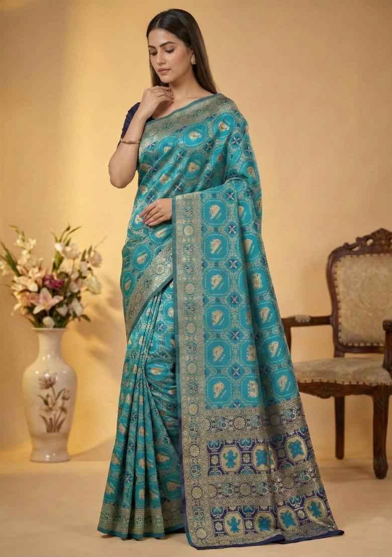 Blue Weaving Work Silk Saree Set - Indya