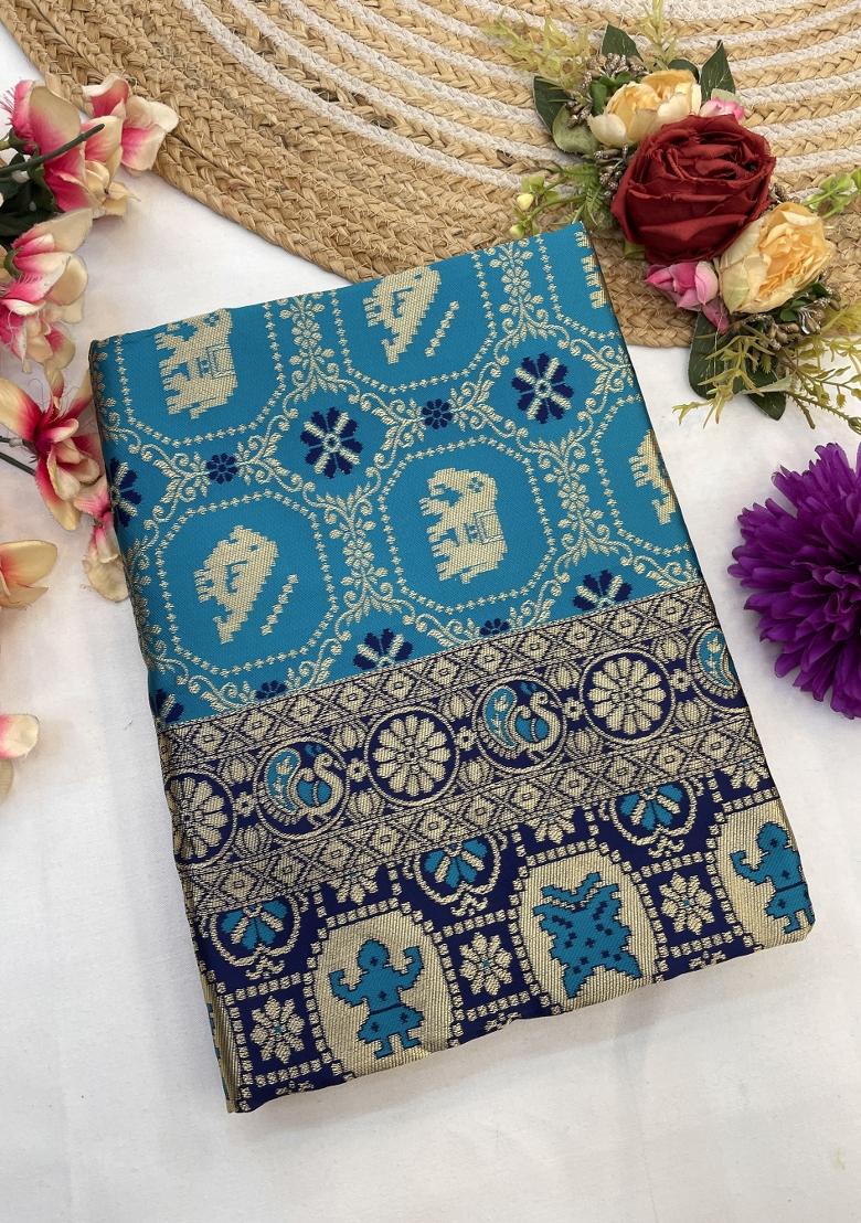 Blue Weaving Work Silk Saree Set - Indya