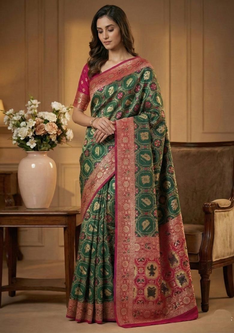 Green Weaving Work Silk Saree Set - Indya