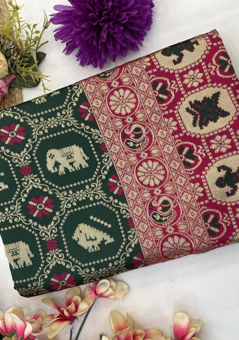 Green Weaving Work Silk Saree Set - Indya