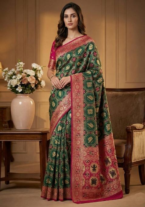 Green Weaving Work Silk Saree Set