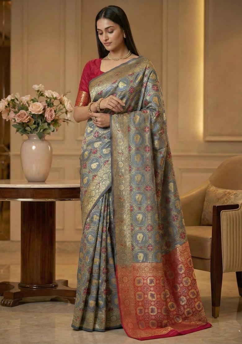 Grey Weaving Work Silk Saree Set - Indya