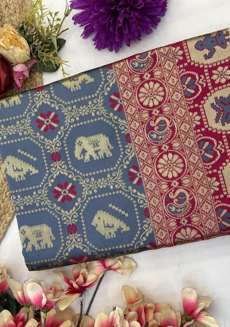 Grey Weaving Work Silk Saree Set - Indya