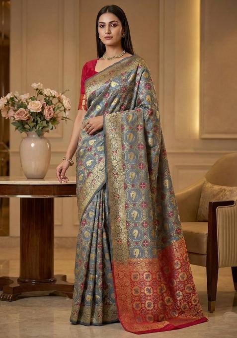 Grey Weaving Work Silk Saree Set