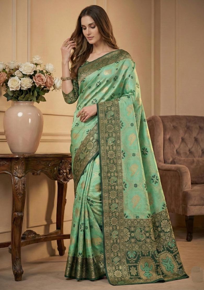 Light Green Weaving Work Silk Saree Set - Indya