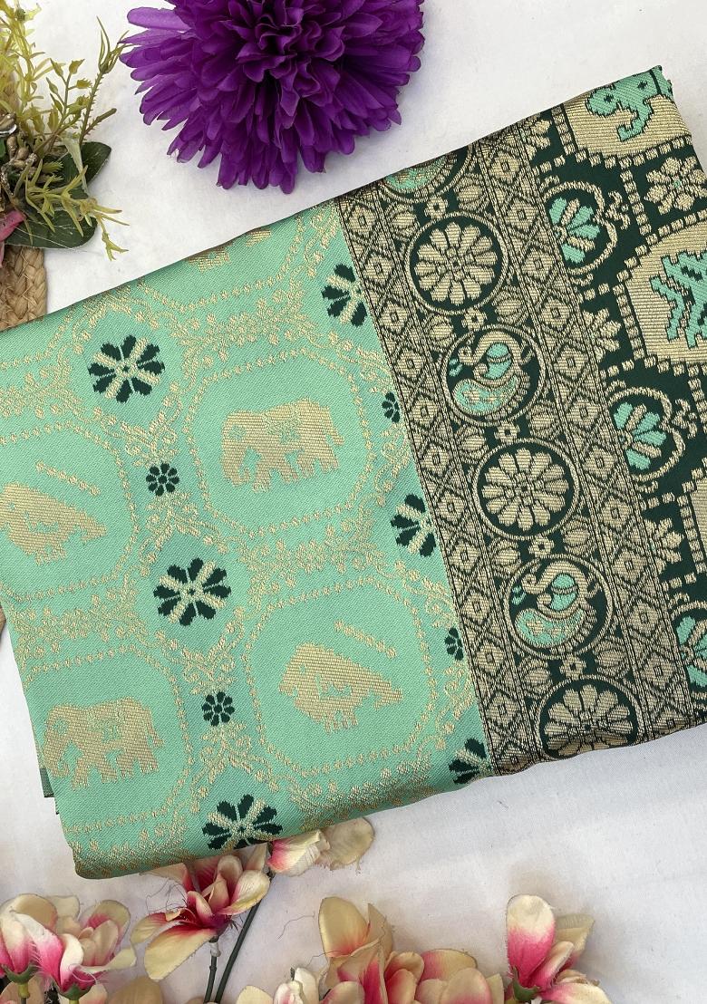 Light Green Weaving Work Silk Saree Set - Indya