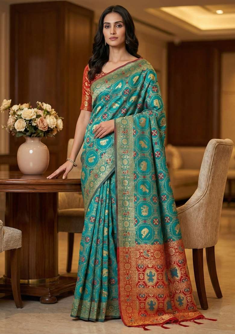 Rama Weaving Work Silk Saree Set - Indya