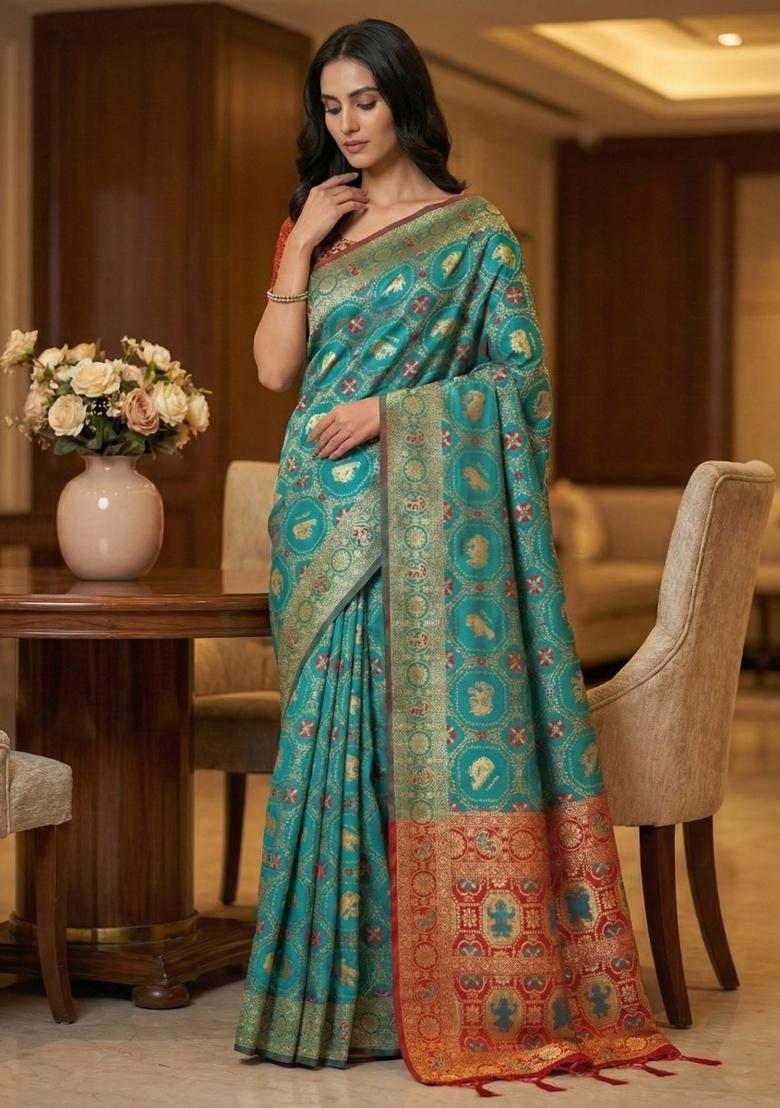 Rama Weaving Work Silk Saree Set - Indya