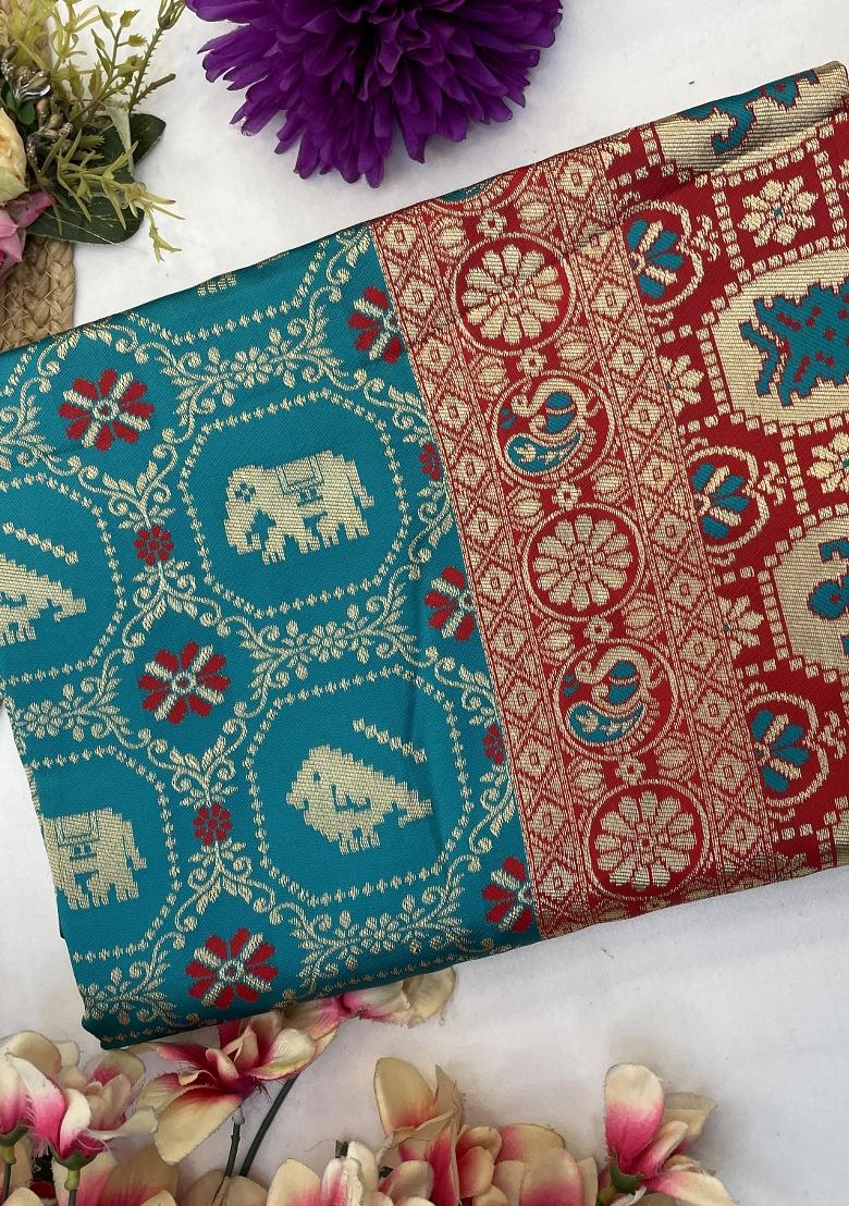 Rama Weaving Work Silk Saree Set - Indya