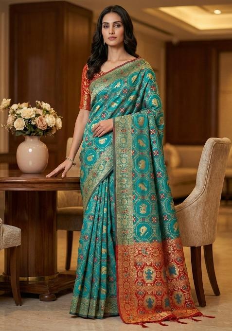 Rama Weaving Work Silk Saree Set