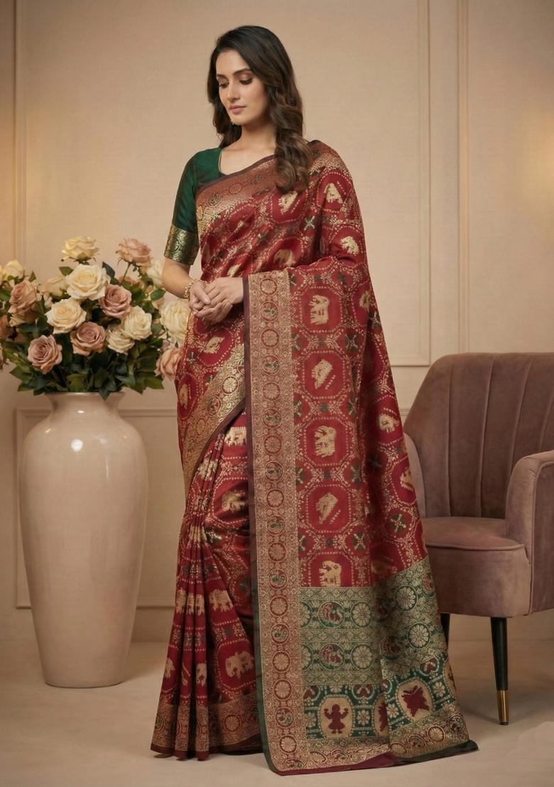 Red Weaving Work Silk Saree Set - Indya