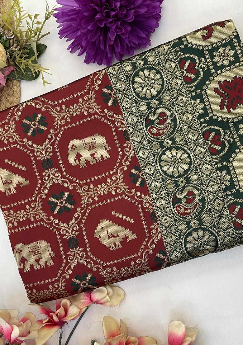 Red Weaving Work Silk Saree Set - Indya