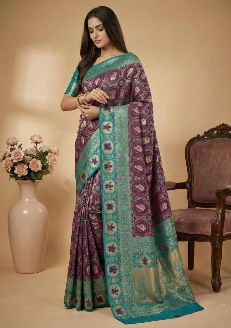 Wine Weaving Work Silk Saree Set - Indya