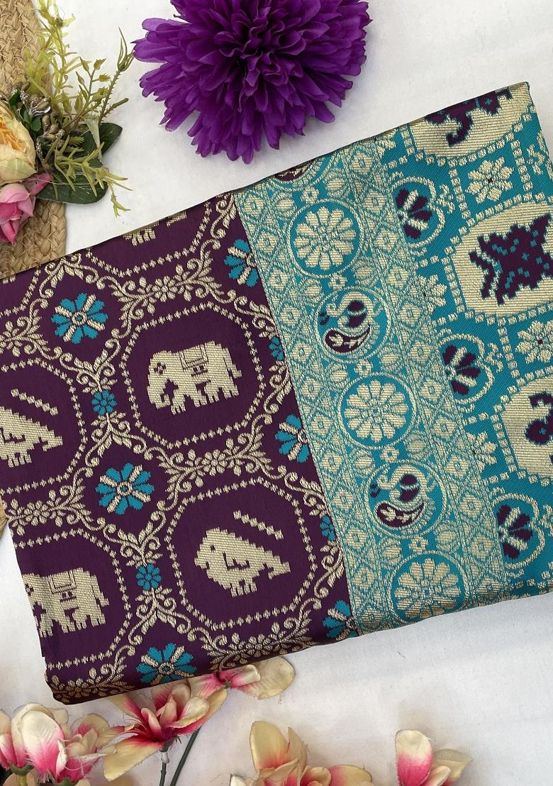 Wine Weaving Work Silk Saree Set - Indya