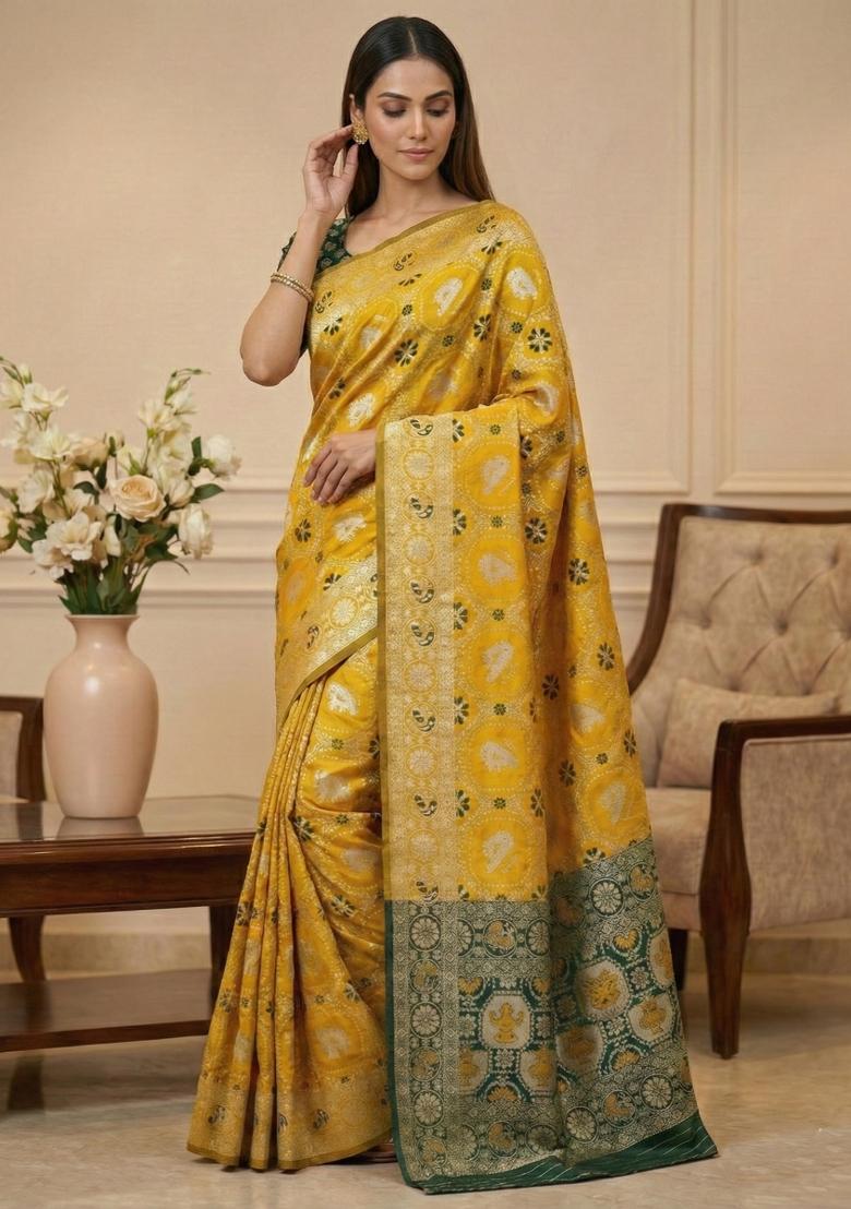 Yellow Weaving Work Silk Saree Set - Indya