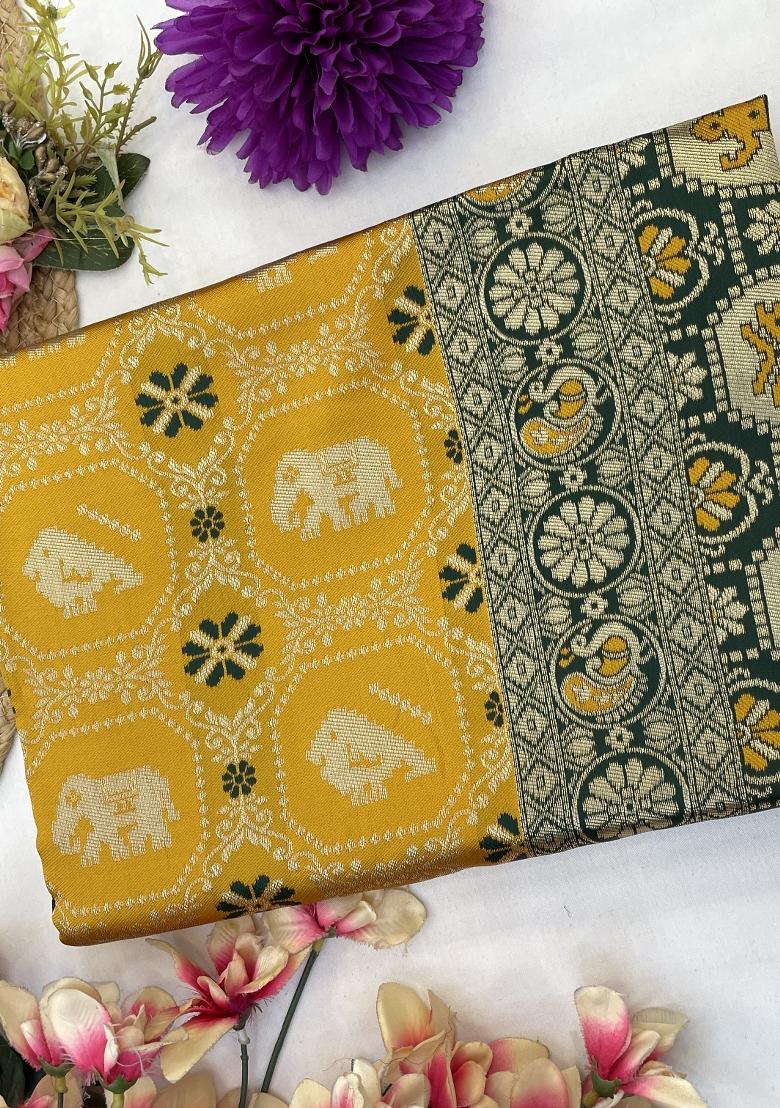 Yellow Weaving Work Silk Saree Set - Indya