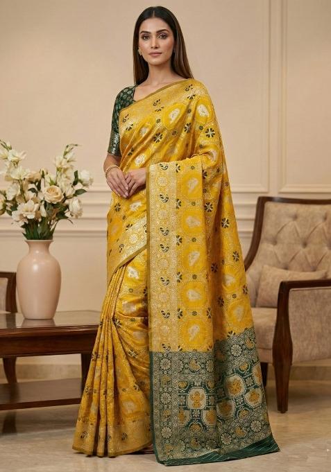 Yellow Weaving Work Silk Saree Set