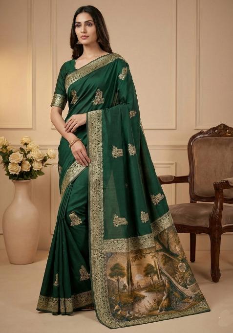 Green Weaving Work Silk Saree Set