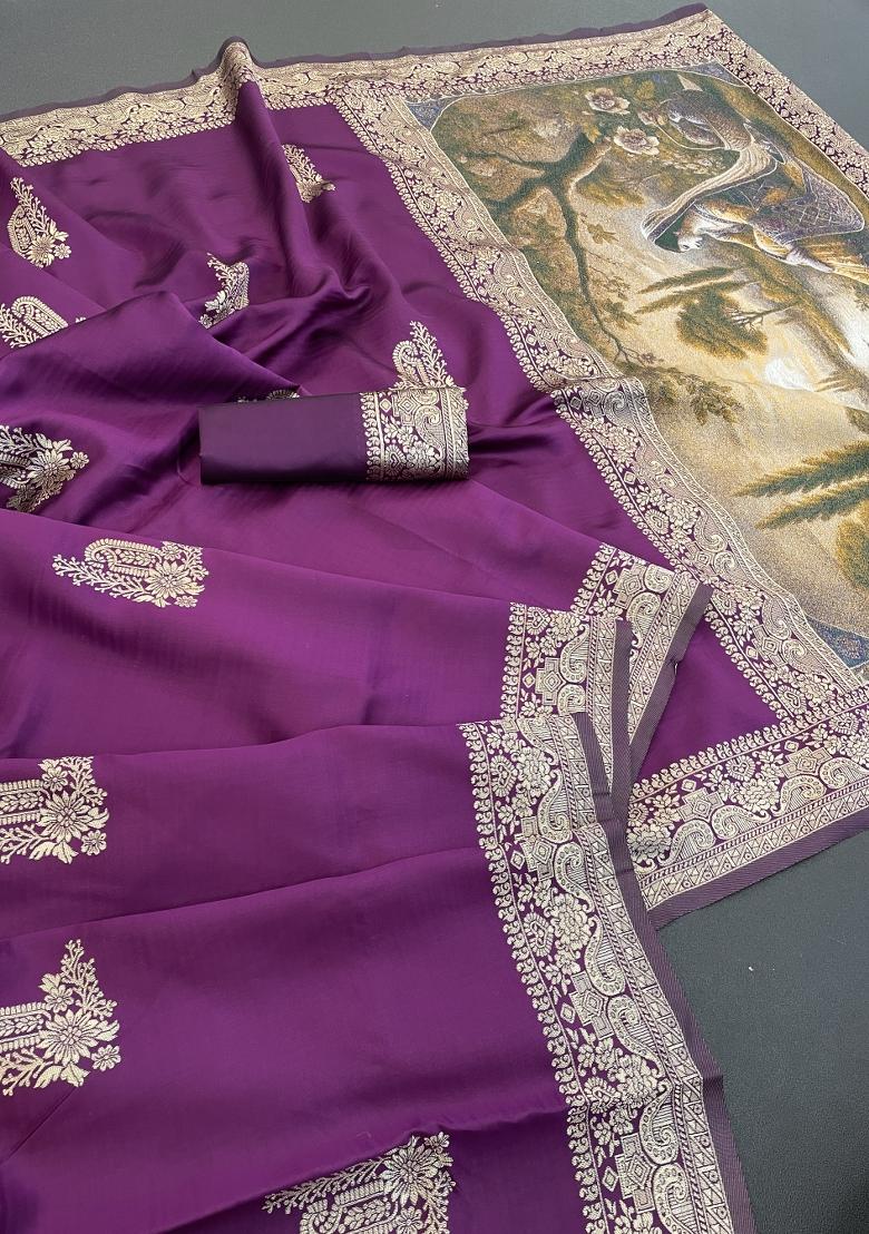Purple Weaving Work Silk Saree Set - Indya