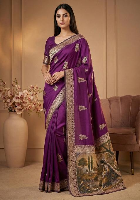 Purple Weaving Work Silk Saree Set