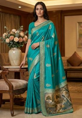 Rama Blue Weaving Work Silk Saree Set