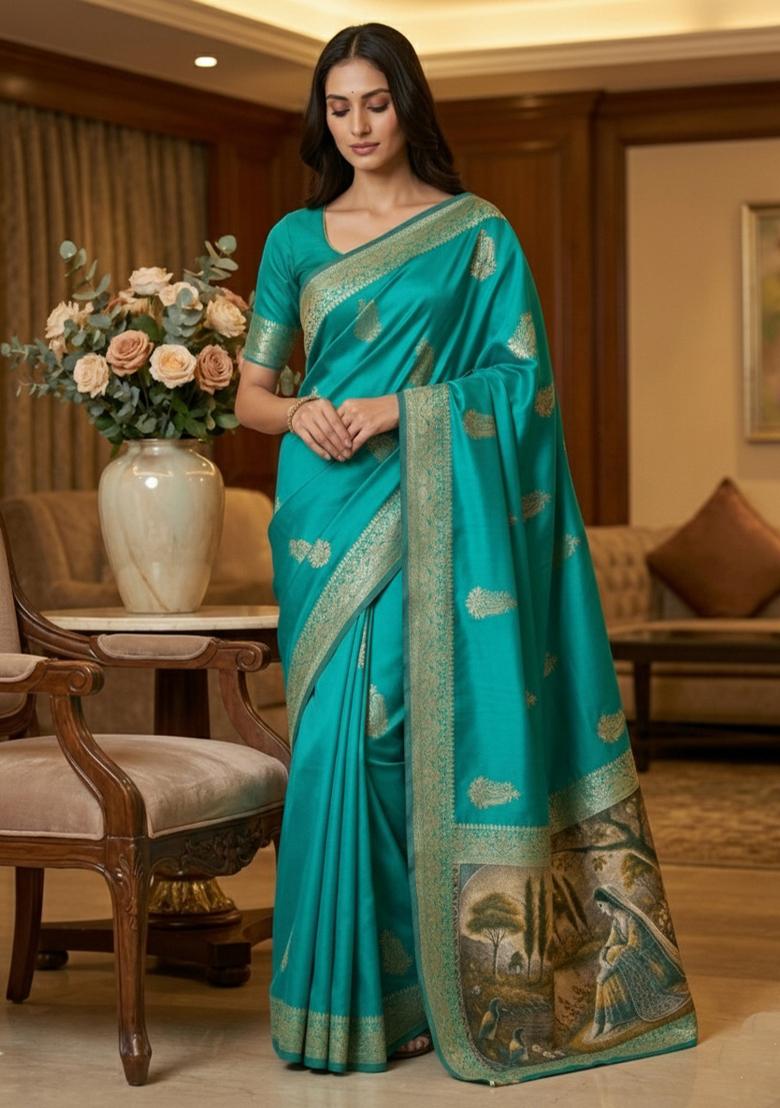 Rama Blue Weaving Work Silk Saree Set - Indya