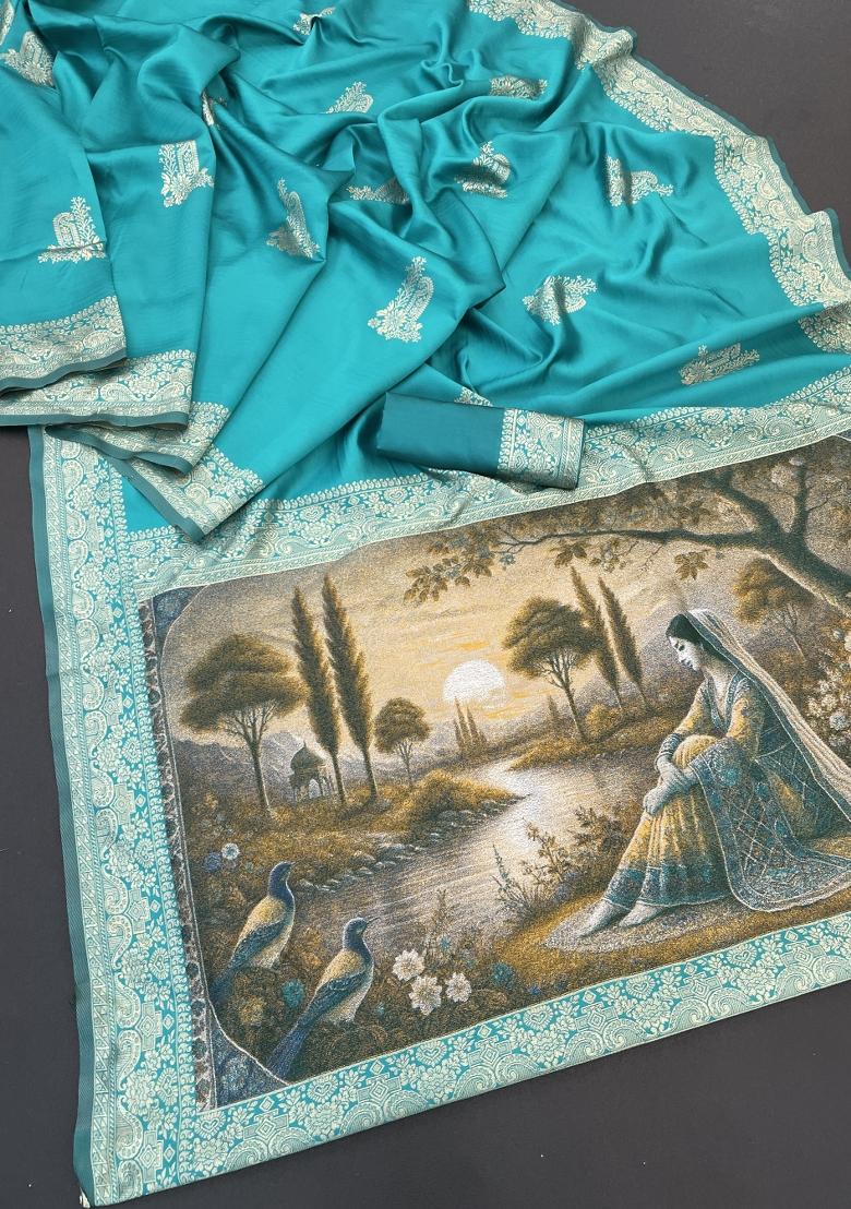 Rama Blue Weaving Work Silk Saree Set - Indya