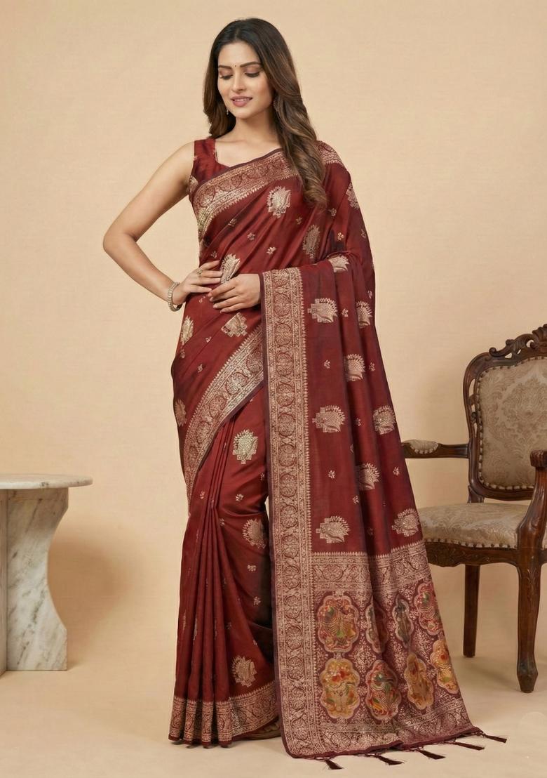 Maroon Weaving Work Silk Saree Set - Indya