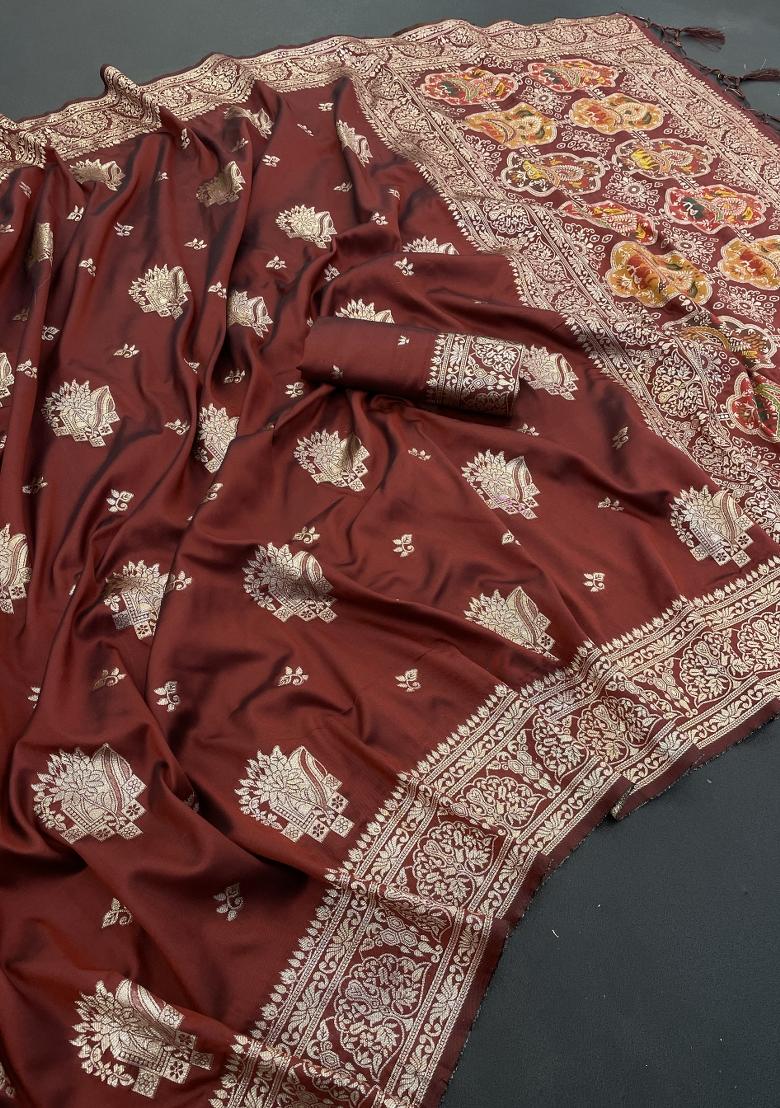 Maroon Weaving Work Silk Saree Set - Indya