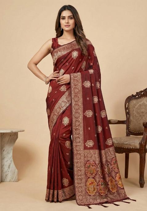 Maroon Weaving Work Silk Saree Set