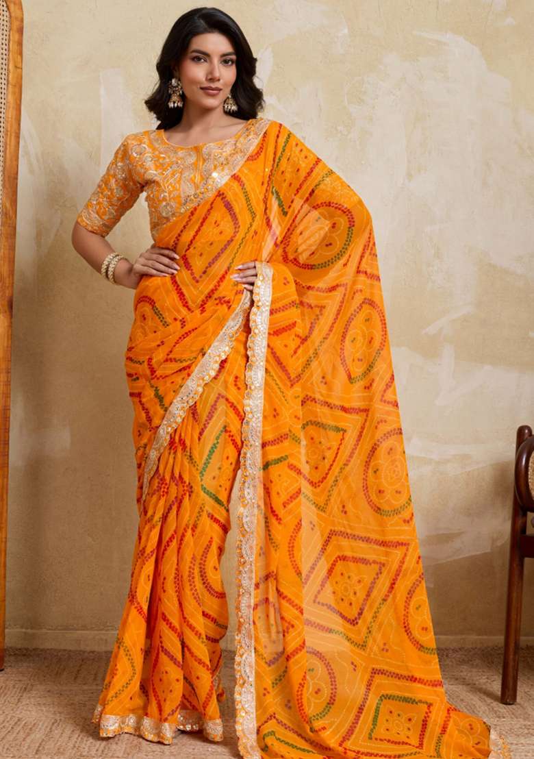Yellow Georgette Saree Set with Printed for Diwali | Wedding & Festive Wear - Indya