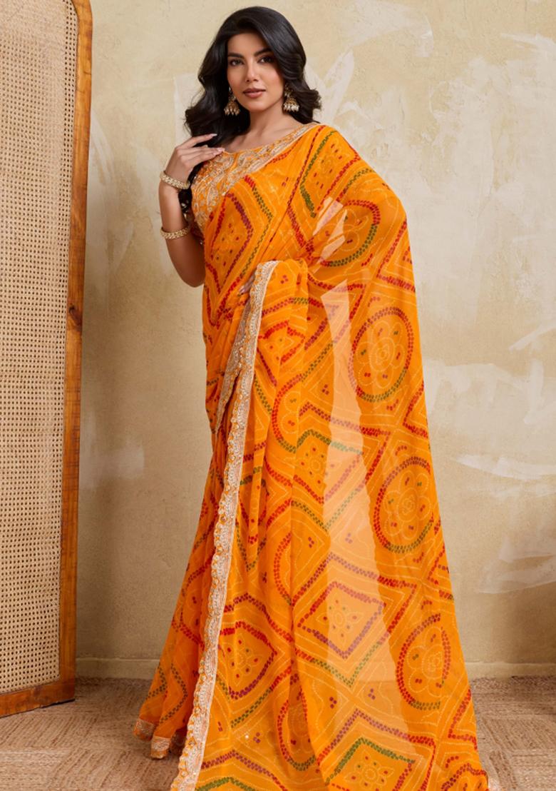 Yellow Printed Georgette Saree Set - Indya