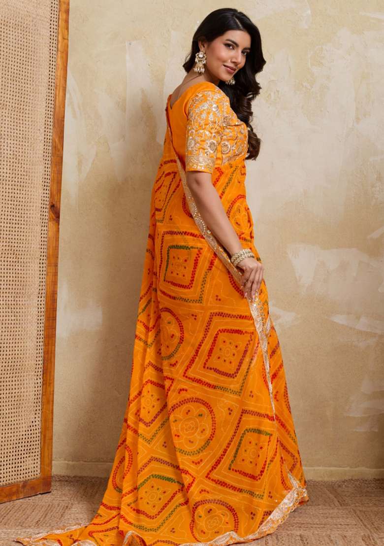 Yellow Georgette Saree Set with Printed for Diwali | Wedding & Festive Wear - Indya
