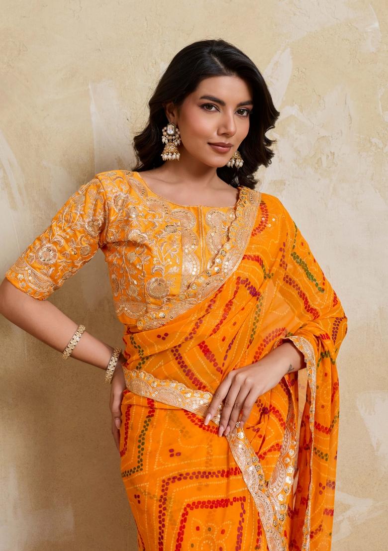 Yellow Printed Georgette Saree Set - Indya