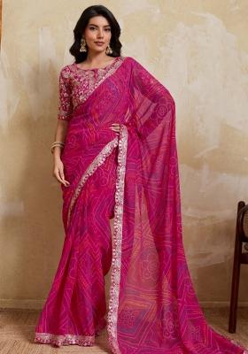 Pink Printed Georgette Saree Set