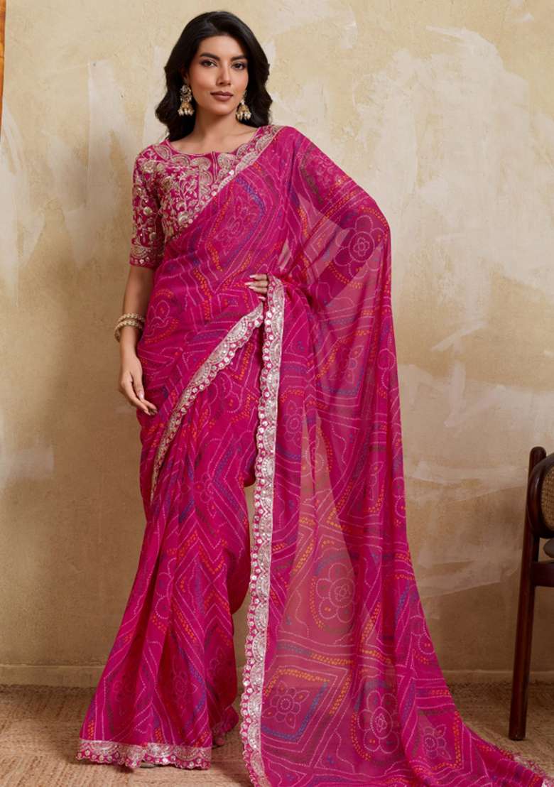 Pink Georgette Saree Set with Printed for Diwali | Wedding & Festive Wear - Indya