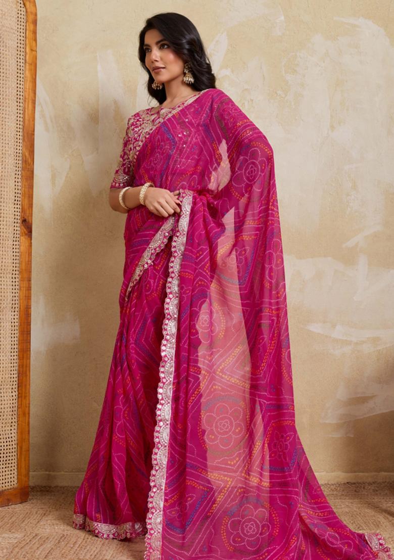 Pink Printed Georgette Saree Set - Indya