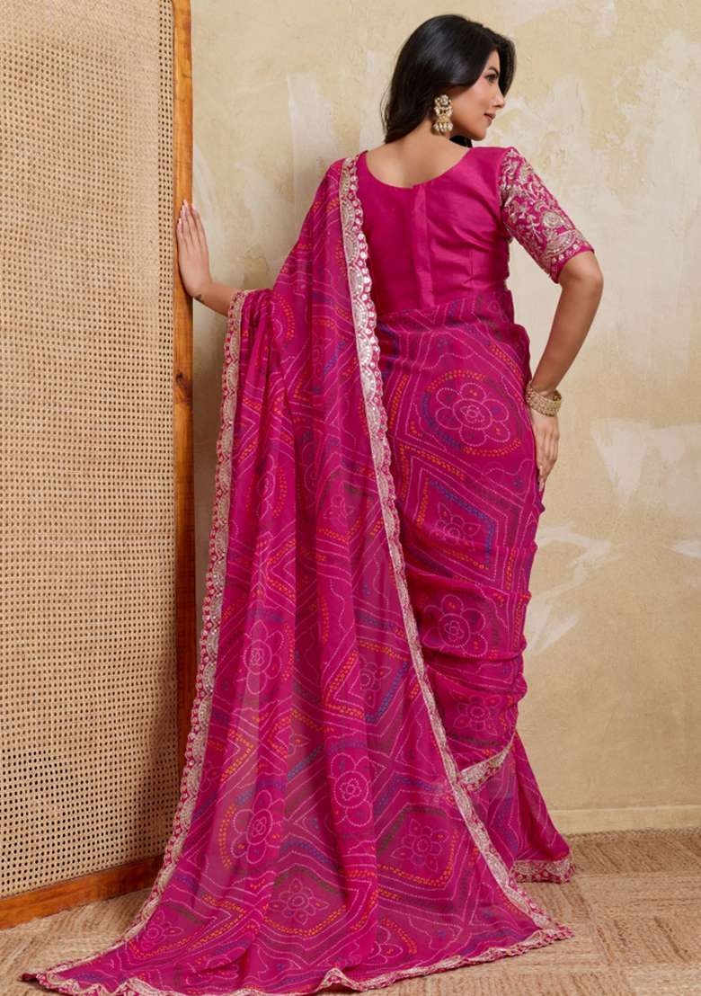 Pink Georgette Saree Set with Printed for Diwali | Wedding & Festive Wear - Indya