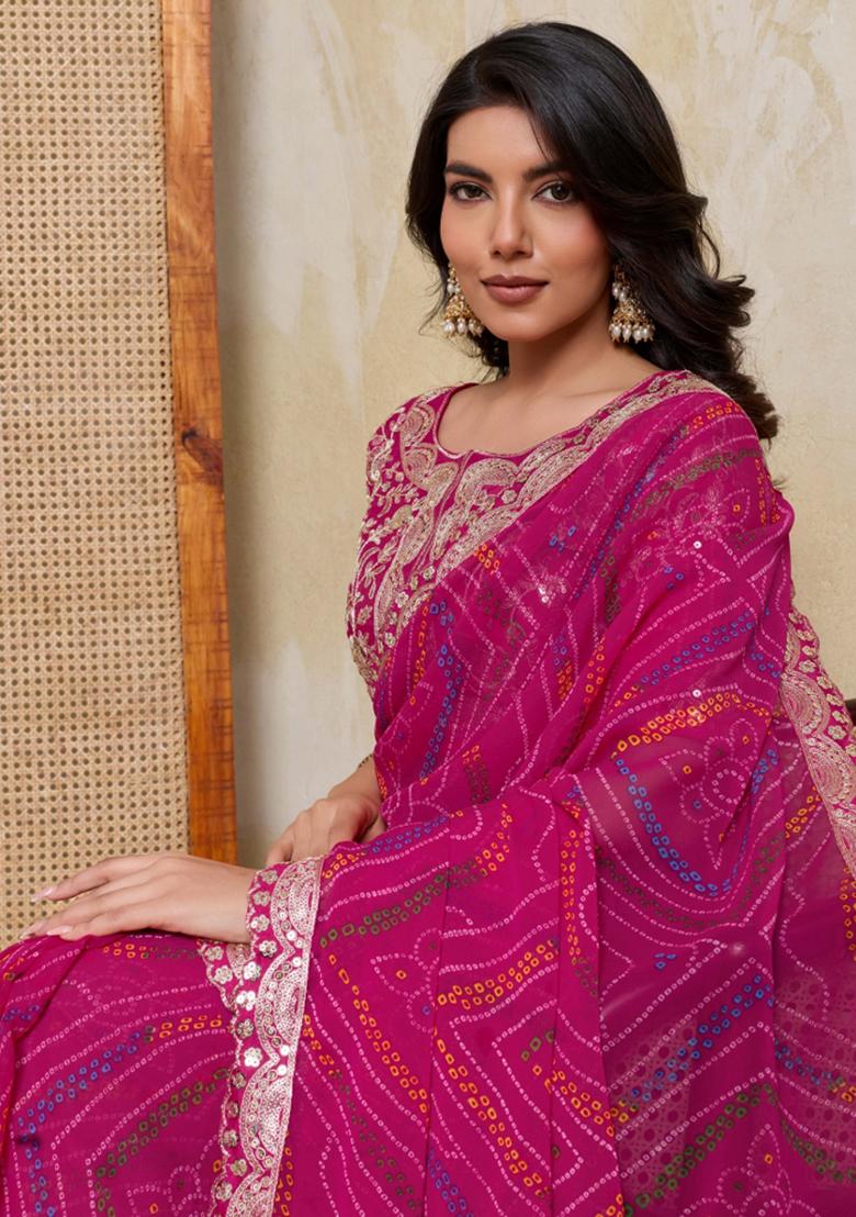 Pink Printed Georgette Saree Set - Indya