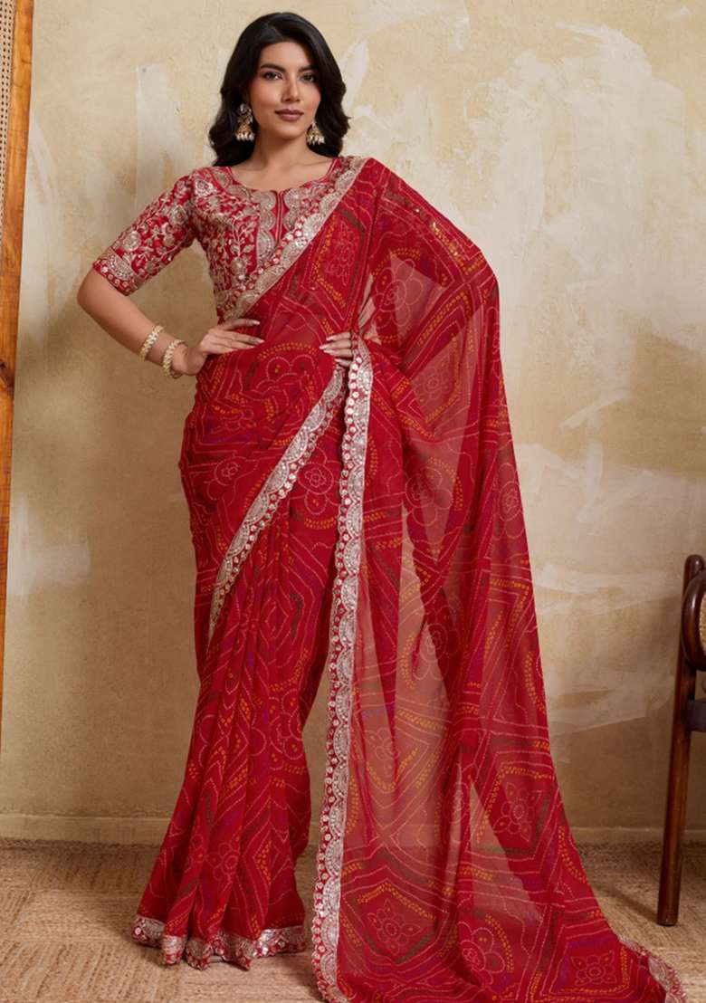 Red Printed Georgette Saree Set for Diwali and Festive Wear - Indya