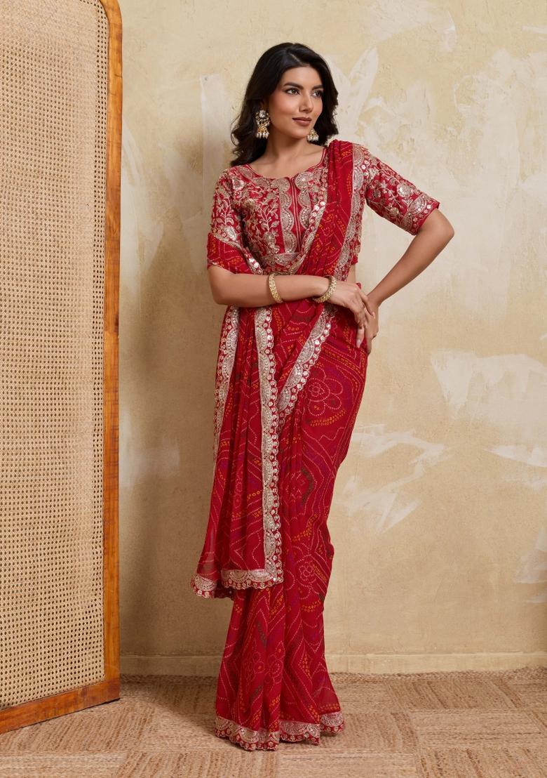Red Printed Georgette Saree Set - Indya