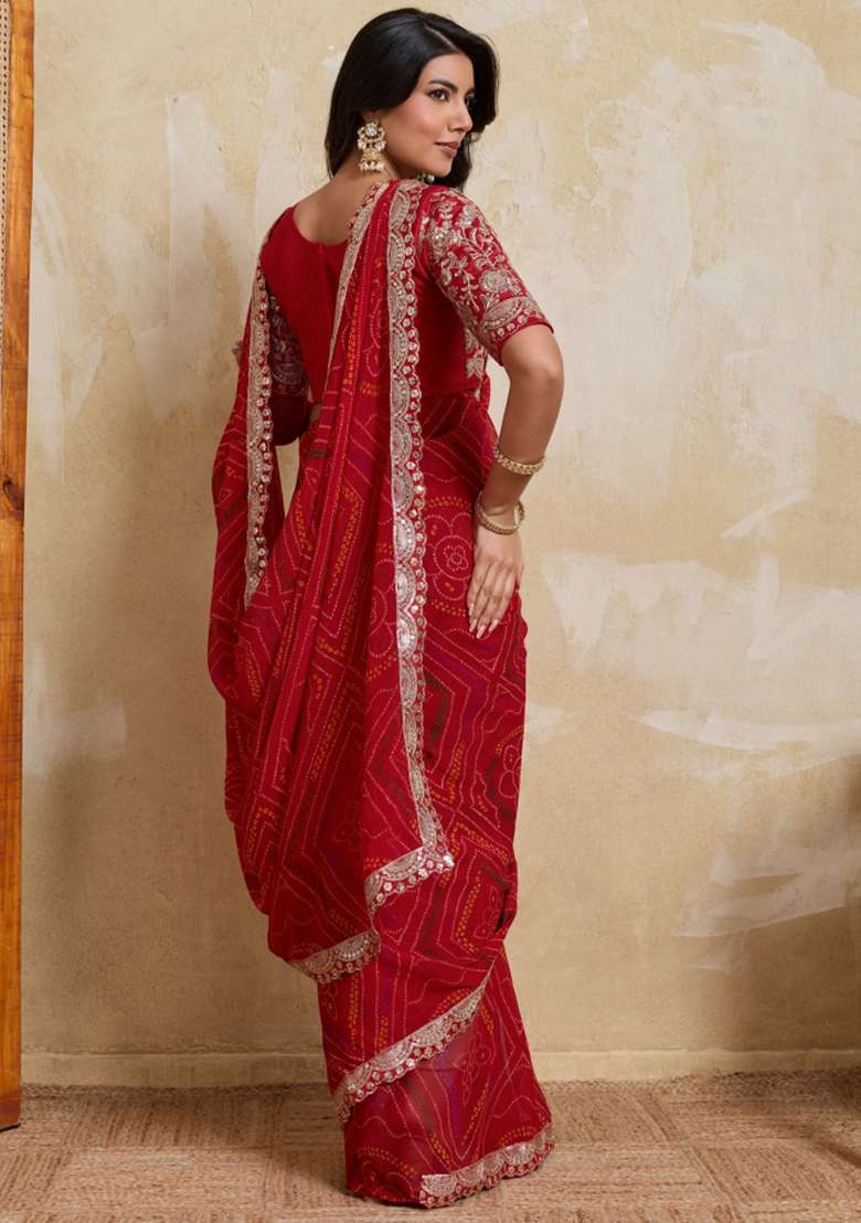 Red Printed Georgette Saree Set for Diwali and Festive Wear - Indya