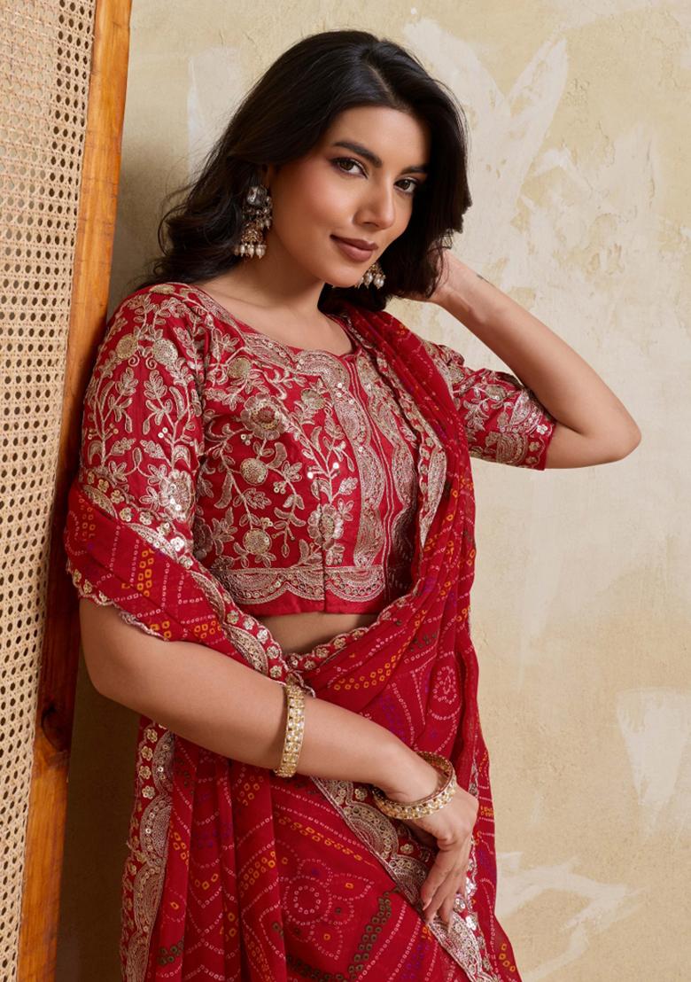 Red Printed Georgette Saree Set - Indya