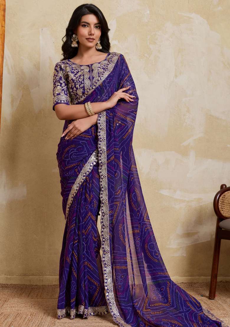 Blue Georgette Saree Set with Printed for Diwali | Wedding & Festive Wear - Indya