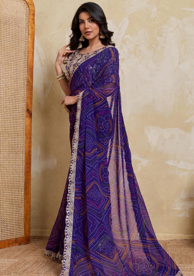 Blue Printed Georgette Saree Set - Indya