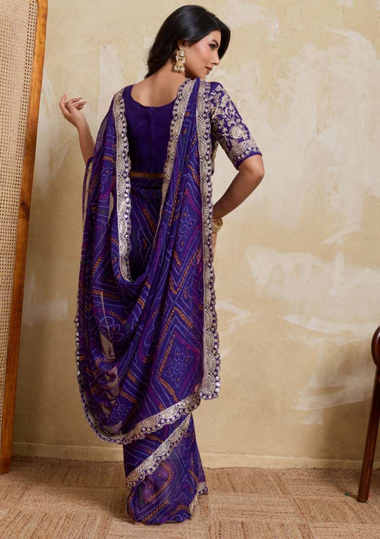 Blue Georgette Saree Set with Printed for Diwali | Wedding & Festive Wear - Indya